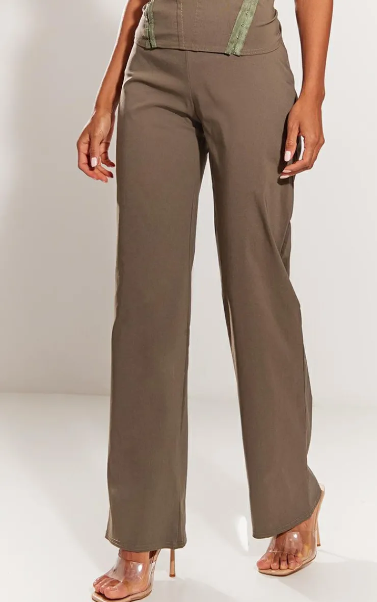 Clearance PrettyLittleThing Stretch Woven Low Rise Straight Leg Pants Khaki