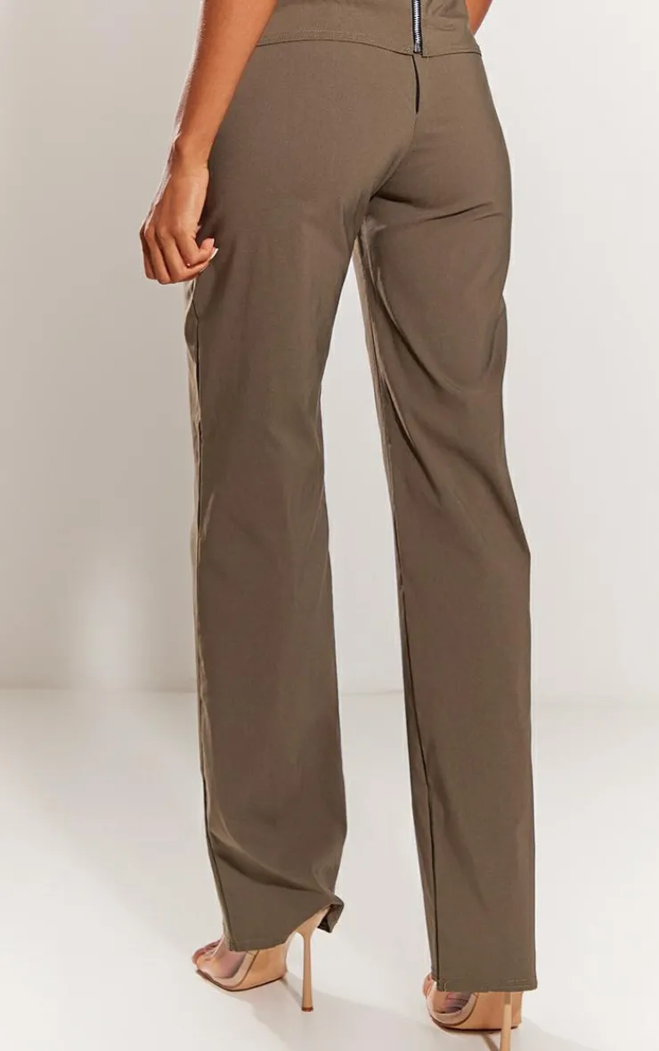 Clearance PrettyLittleThing Stretch Woven Low Rise Straight Leg Pants Khaki