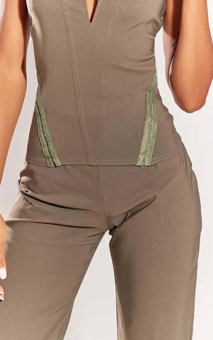 Clearance PrettyLittleThing Stretch Woven Low Rise Straight Leg Pants Khaki