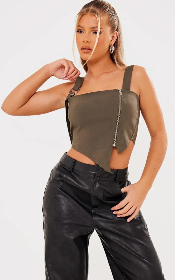 Khaki Stretch Woven Zip Side Hardware Detail Top