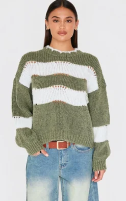 PrettyLittleThing Sweaters*Stripe Distressed Detail Chunky Knit Sweater