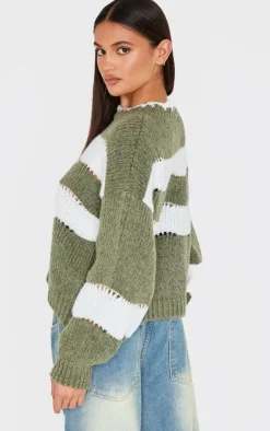 PrettyLittleThing Sweaters*Stripe Distressed Detail Chunky Knit Sweater
