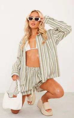 Discount PrettyLittleThing Stripe Linen Look Pocket Front Long Sleeve Oversized Shirt Khaki
