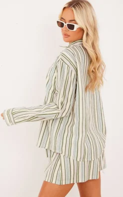 Discount PrettyLittleThing Stripe Linen Look Pocket Front Long Sleeve Oversized Shirt Khaki