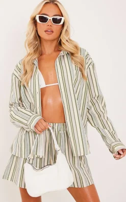 Discount PrettyLittleThing Stripe Linen Look Pocket Front Long Sleeve Oversized Shirt Khaki