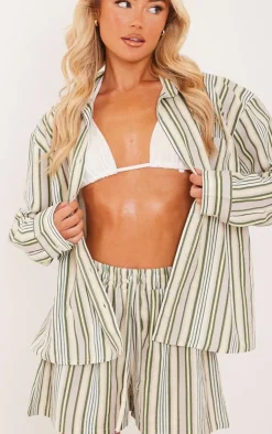 Discount PrettyLittleThing Stripe Linen Look Pocket Front Long Sleeve Oversized Shirt Khaki