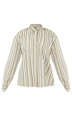 Discount PrettyLittleThing Stripe Linen Look Pocket Front Long Sleeve Oversized Shirt Khaki
