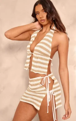 Discount PrettyLittleThing Stripe Textured Tie Front Bralet Khaki