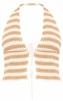 Discount PrettyLittleThing Stripe Textured Tie Front Bralet Khaki