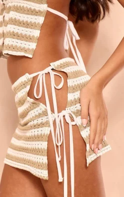 Online PrettyLittleThing Stripe Textured Tie Side Mini Skirt Khaki