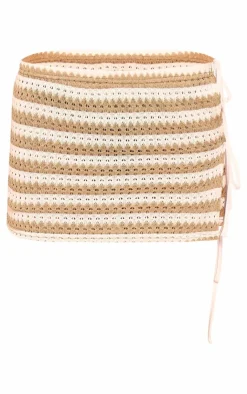 Online PrettyLittleThing Stripe Textured Tie Side Mini Skirt Khaki
