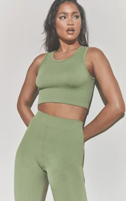 Clearance PrettyLittleThing Structured Contour Sleeveless Ribbed Crop Top Khaki