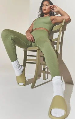 Clearance PrettyLittleThing Structured Contour Sleeveless Ribbed Crop Top Khaki