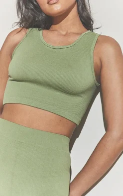 Clearance PrettyLittleThing Structured Contour Sleeveless Ribbed Crop Top Khaki