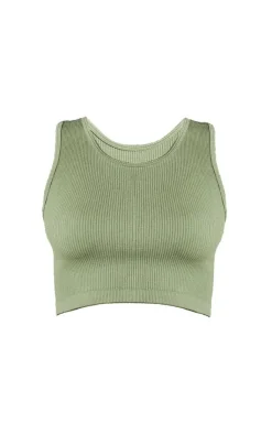 Clearance PrettyLittleThing Structured Contour Sleeveless Ribbed Crop Top Khaki