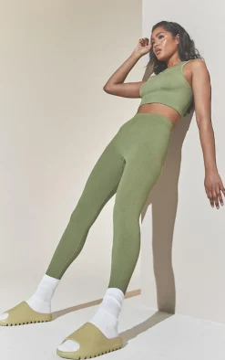 Outlet PrettyLittleThing Structured Snatched Ribbed Leggings Khaki
