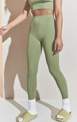Outlet PrettyLittleThing Structured Snatched Ribbed Leggings Khaki