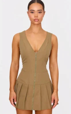 Tailored Woven Zip Pleated Shift Dress-PrettyLittleThing Online
