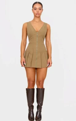 Tailored Woven Zip Pleated Shift Dress-PrettyLittleThing Online