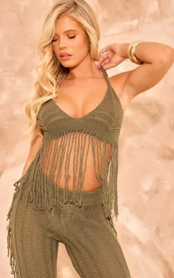 PrettyLittleThing Tassel Crochet Top Khaki