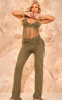PrettyLittleThing Tassel Crochet Top Khaki