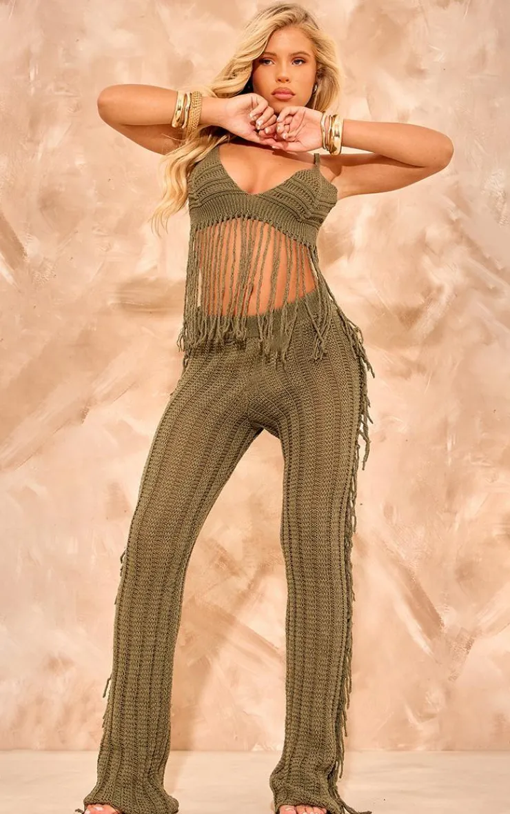PrettyLittleThing Tassel Crochet Top Khaki