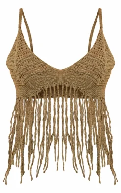 PrettyLittleThing Tassel Crochet Top Khaki