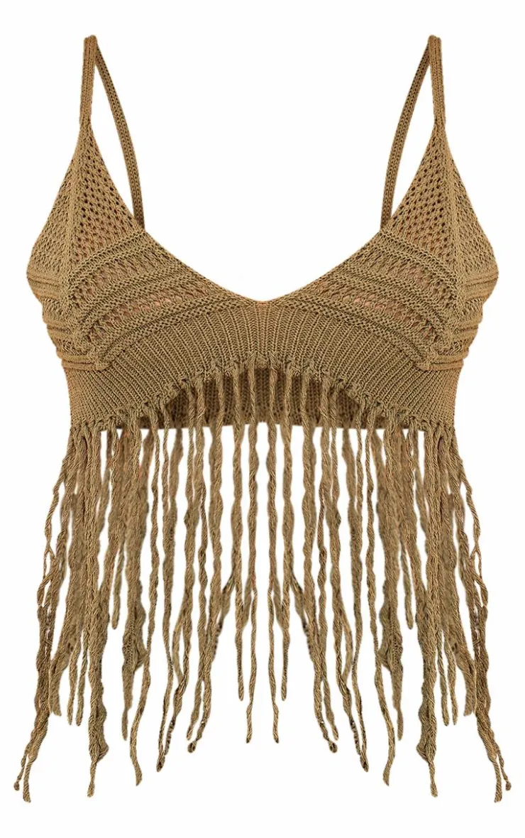 PrettyLittleThing Tassel Crochet Top Khaki