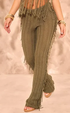 Best PrettyLittleThing Tassel Crochet Wide Leg Pants Khaki