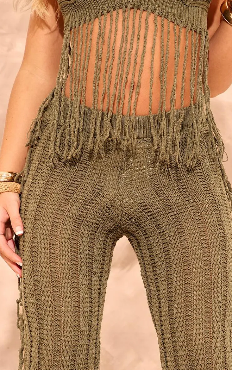 Best PrettyLittleThing Tassel Crochet Wide Leg Pants Khaki