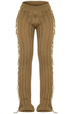 Best PrettyLittleThing Tassel Crochet Wide Leg Pants Khaki