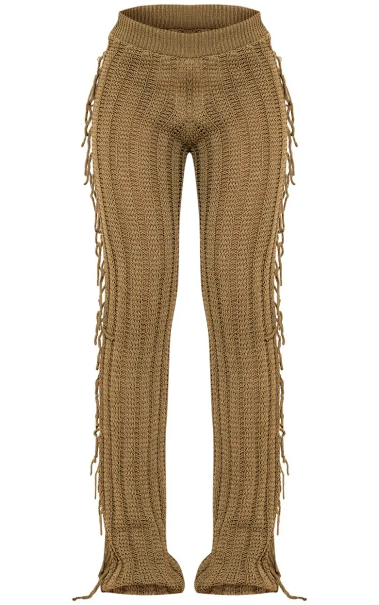 Best PrettyLittleThing Tassel Crochet Wide Leg Pants Khaki
