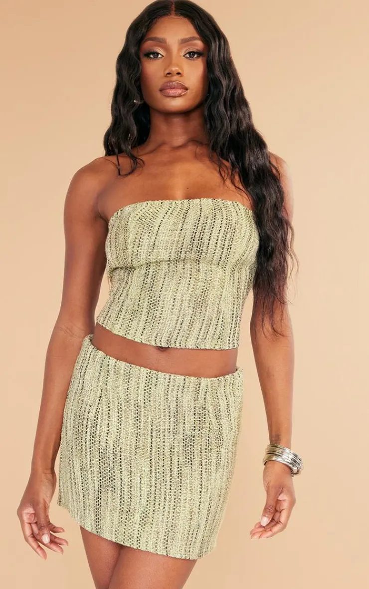 Hot PrettyLittleThing Textured Boucle Tweed Bandeau Corset Khaki