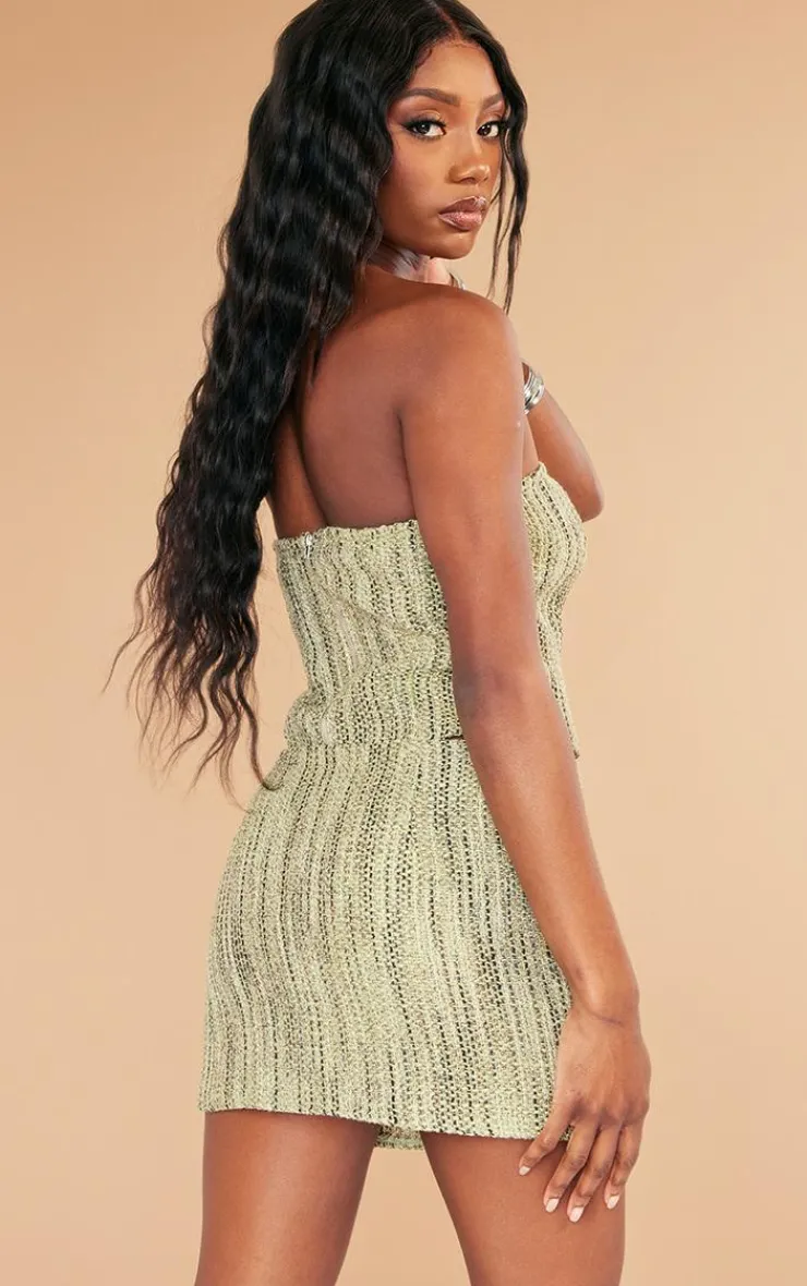 Hot PrettyLittleThing Textured Boucle Tweed Bandeau Corset Khaki