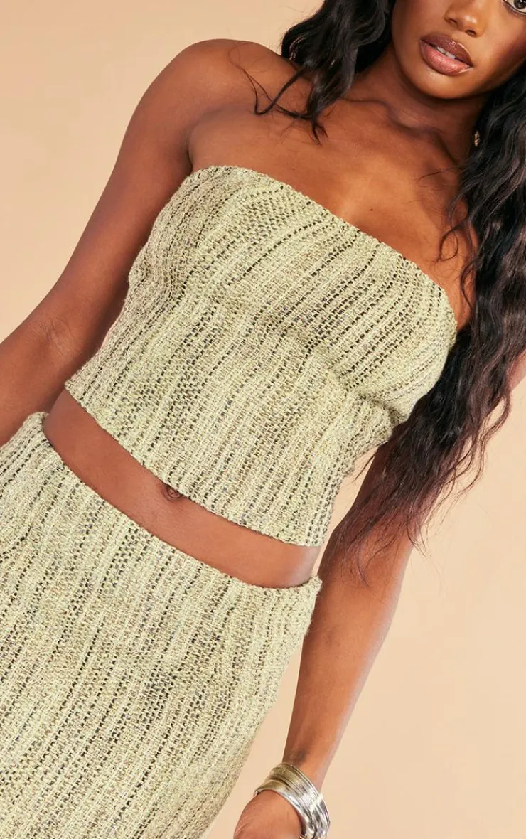 Hot PrettyLittleThing Textured Boucle Tweed Bandeau Corset Khaki