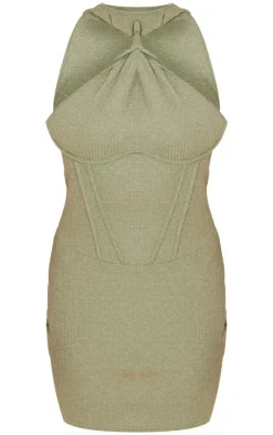 Textured High Neck Knot Corset Underwired Bodycon Dress-PrettyLittleThing Online