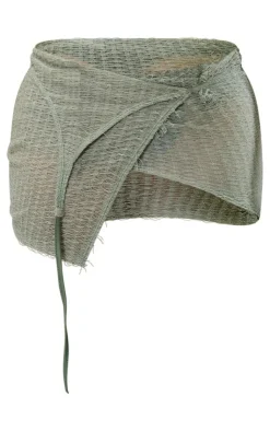 Best PrettyLittleThing Textured Jersey Fold Over Tie Detail Micro Mini Skirt Khaki