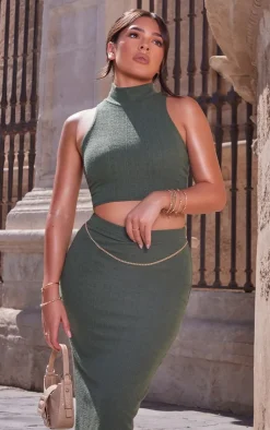 Online PrettyLittleThing Textured Jersey High Neck Racer Crop Top Khaki