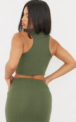 Online PrettyLittleThing Textured Jersey High Neck Racer Crop Top Khaki