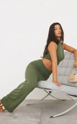 Online PrettyLittleThing Textured Jersey High Neck Racer Crop Top Khaki
