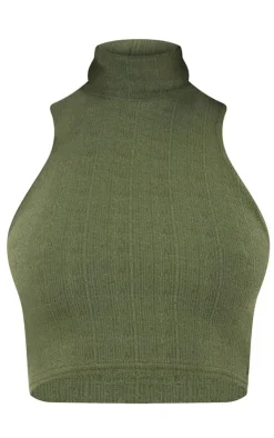 Online PrettyLittleThing Textured Jersey High Neck Racer Crop Top Khaki