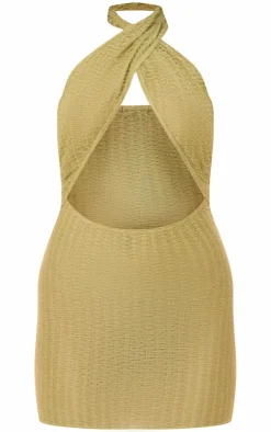 Textured Knit Cross Front Halterneck Mini Dress-PrettyLittleThing New
