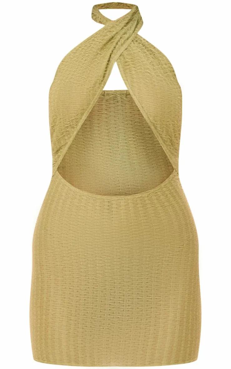 Textured Knit Cross Front Halterneck Mini Dress-PrettyLittleThing New