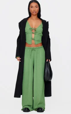 Online PrettyLittleThing Textured Low Rise Wide Leg Pants Khaki