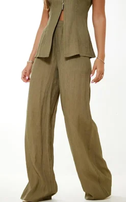 Discount PrettyLittleThing Textured Sheer Woven Wide Leg Pants Khaki