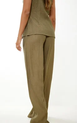 Discount PrettyLittleThing Textured Sheer Woven Wide Leg Pants Khaki