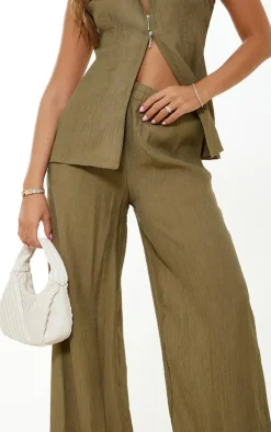 Discount PrettyLittleThing Textured Sheer Woven Wide Leg Pants Khaki