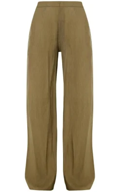 Discount PrettyLittleThing Textured Sheer Woven Wide Leg Pants Khaki