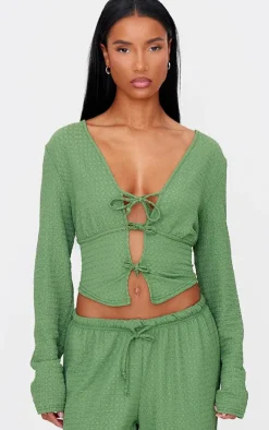 Hot PrettyLittleThing Textured Tie Front Vest Khaki