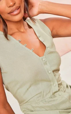 Khaki Textured Woven Button Detail Romper